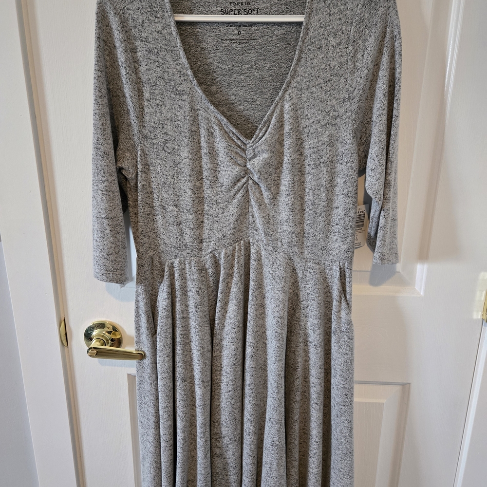 Gray V-Neck Women's Dress - Picture 1 of 6